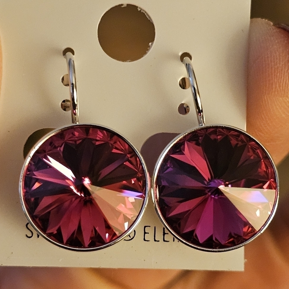 New! Swarovski Elements 15mm Earrings Round Fuchsia Crystal‎ Leverback Dangle